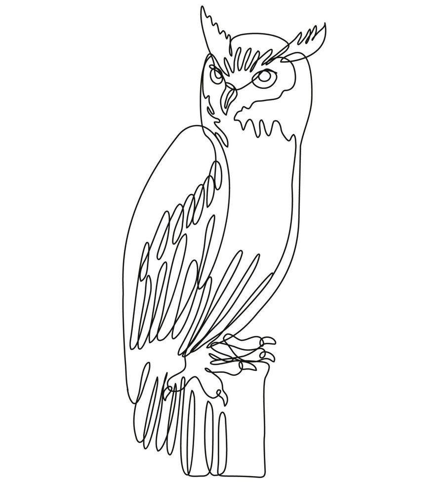 Tiger Owl or Great Horned Owl Perching on Tree Stump Continuous Line Drawing vector