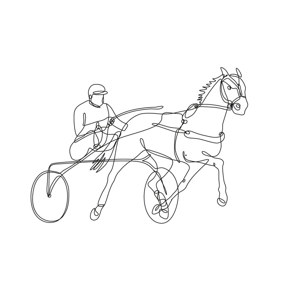 Jinete y carreras de arnés de caballos vista lateral dentro del círculo dibujo de línea continua vector
