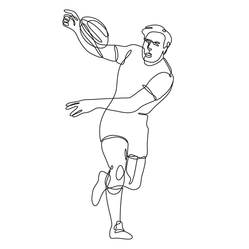 jugador de rugby corriendo pasando pelota vista frontal dibujo de línea continua vector