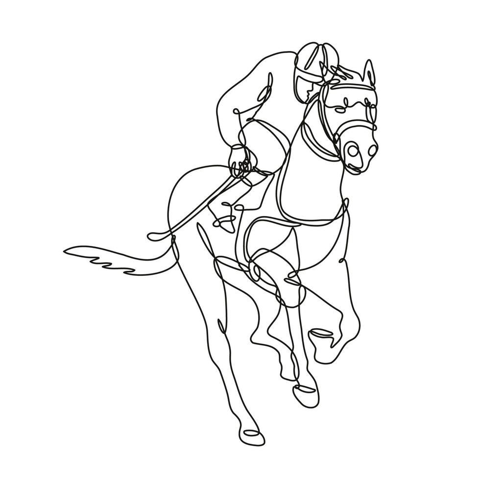 jockey y carreras de caballos vista frontal dentro del círculo dibujo de línea continua vector