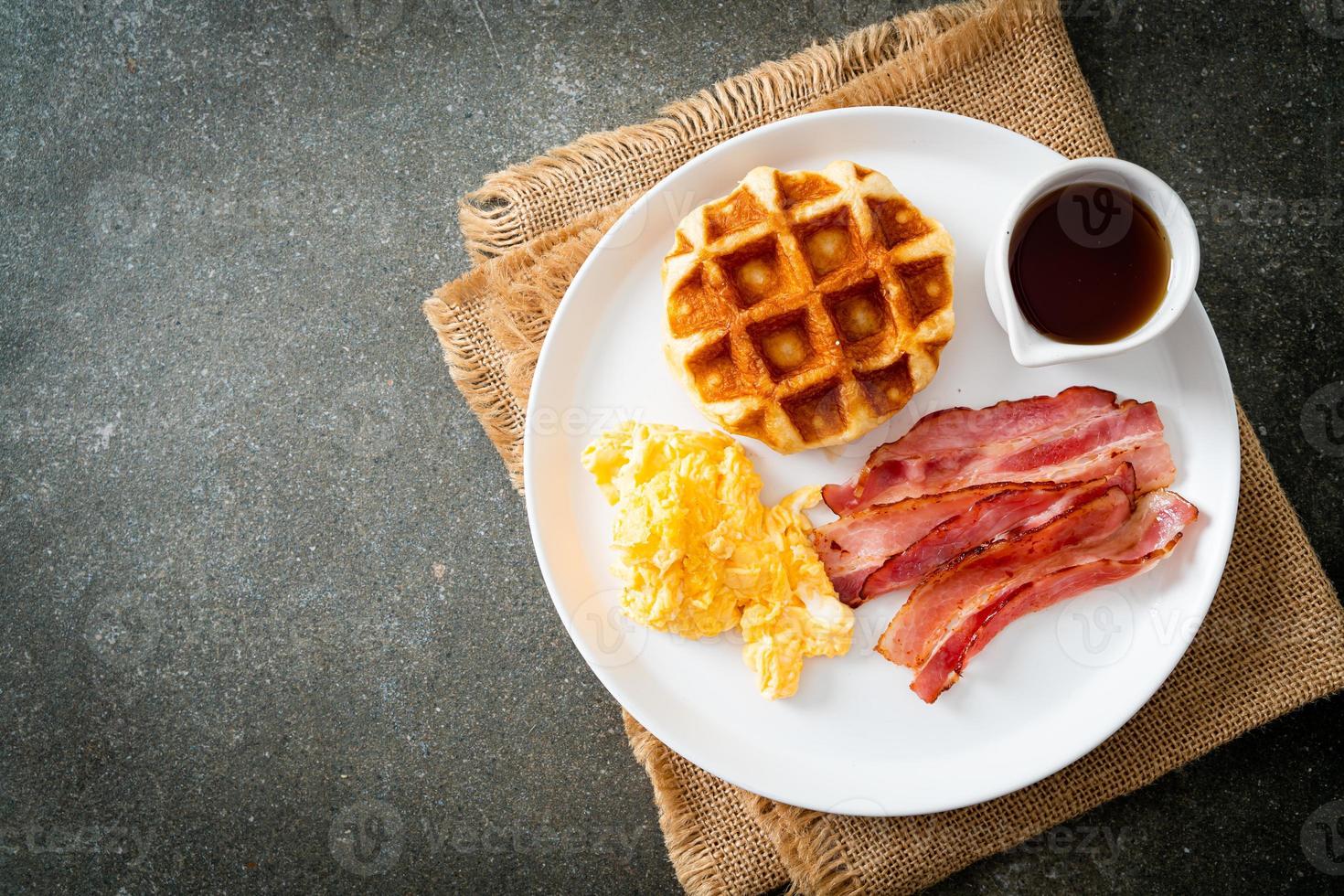 scrambled egg with bacon and waffle photo