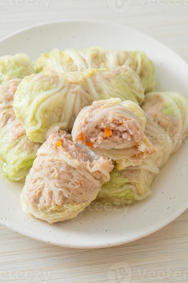 Minced Pork Wrapped in Chinese Cabbage or Steamed Cabbage Stuff Mince Pork photo