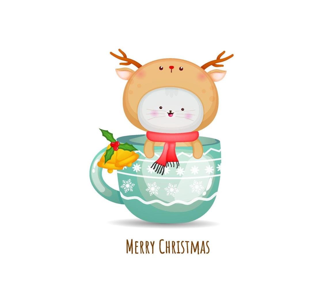 lindo gatito disfrazado de ciervo para feliz navidad con taza de té vector