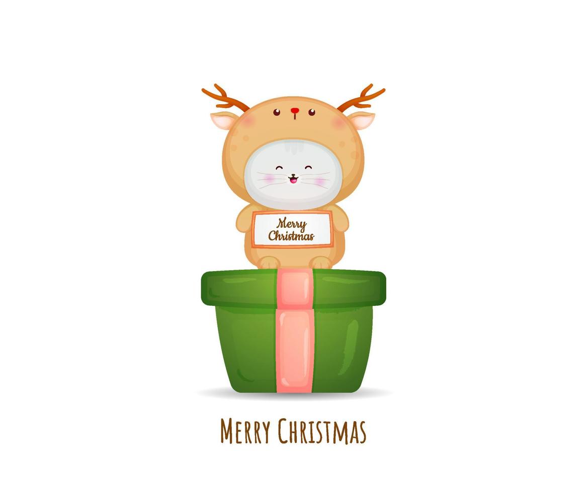 Cute kitty in deer costume for merry christmas card illustration vector