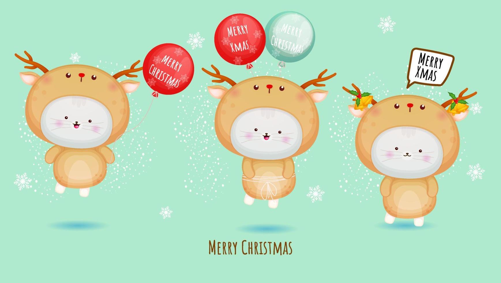 Cute kitty in deer costume for merry christmas with balloon vector