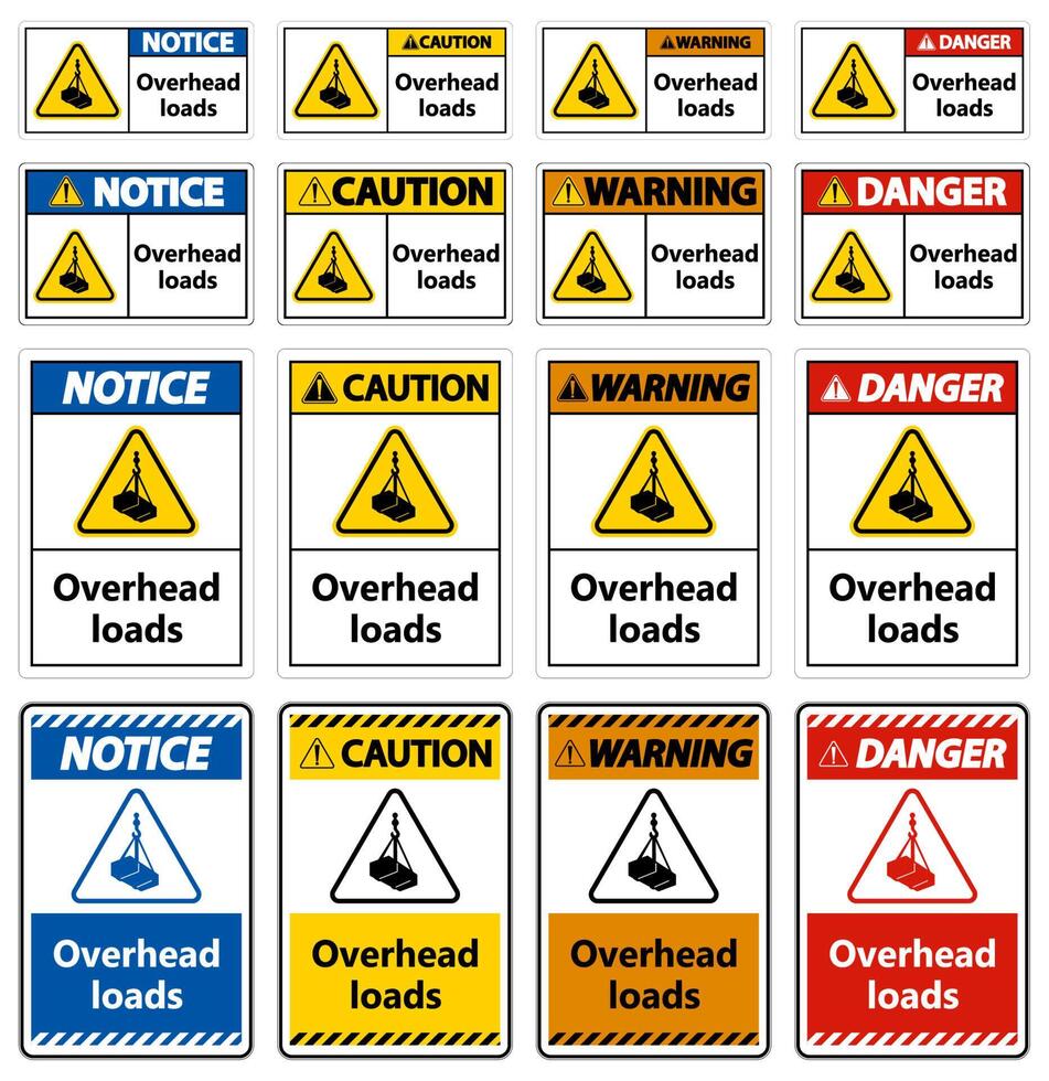 Danger, overhead load text, falling hazard risk caution warning sign vector