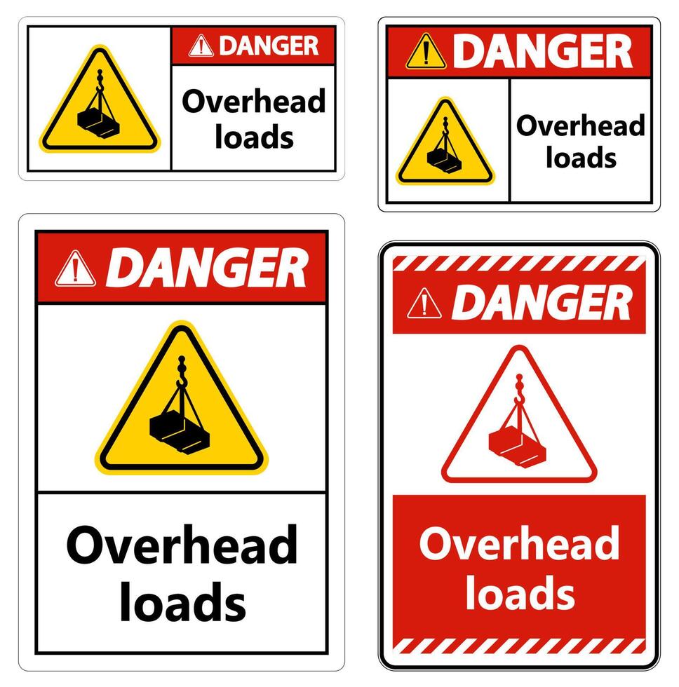 Danger, overhead load text, falling hazard risk caution warning sign vector