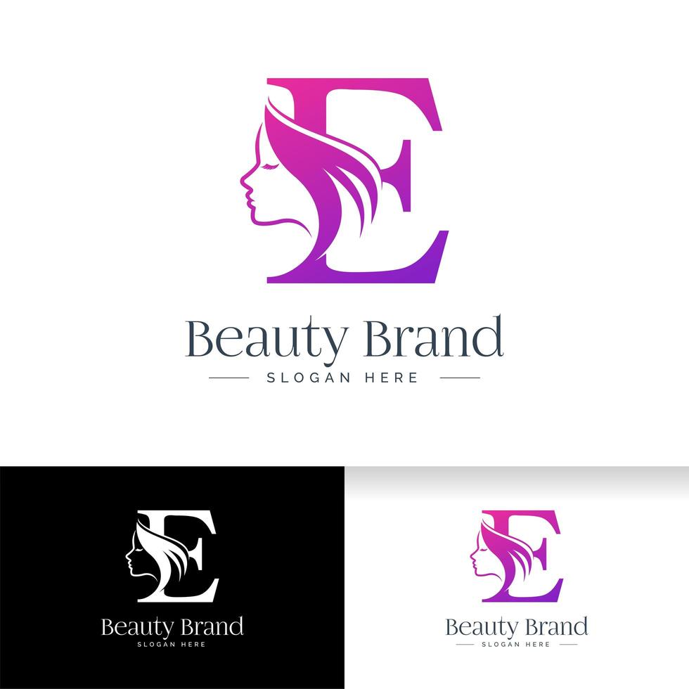 Letter E beauty logo design. Woman face silhouette vector