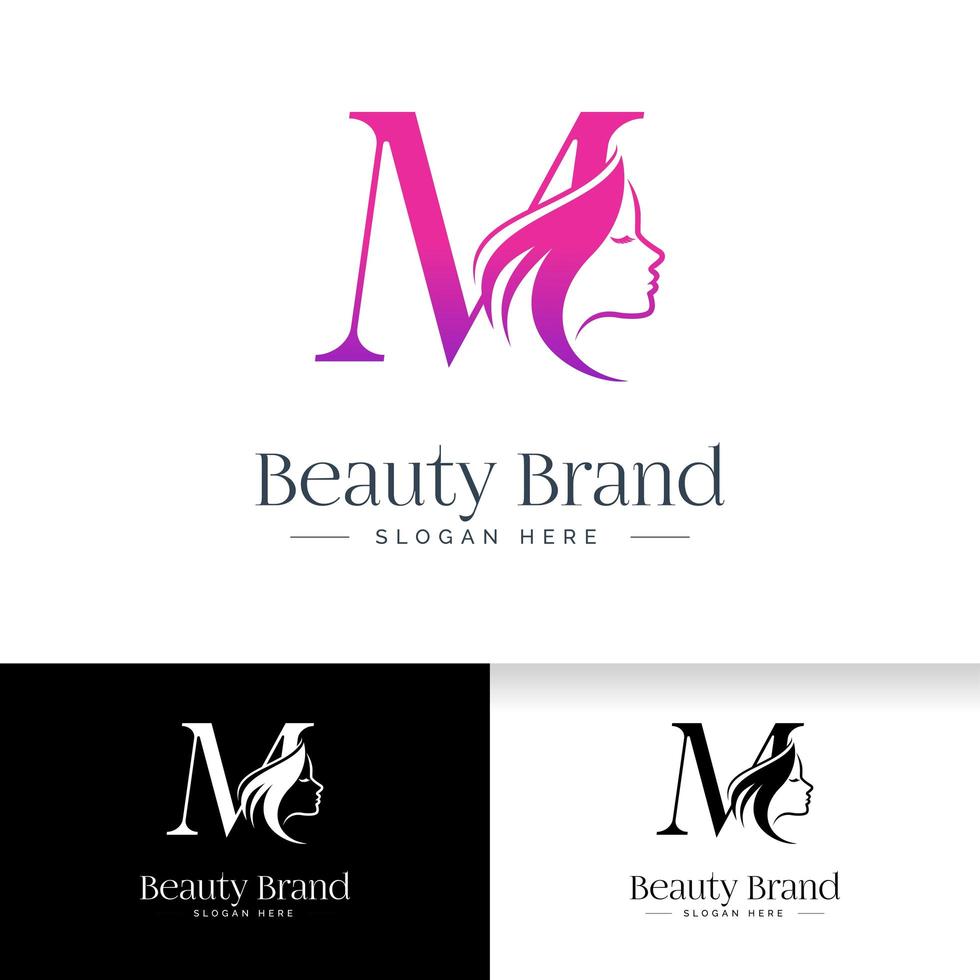 Letter M beauty logo design. Woman face silhouette vector