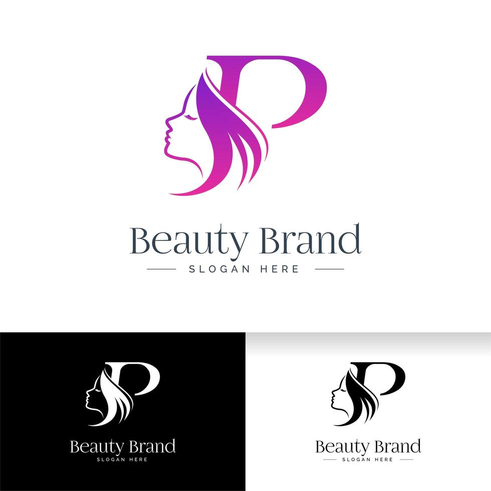 Letter P beauty logo design. Woman face silhouette vector