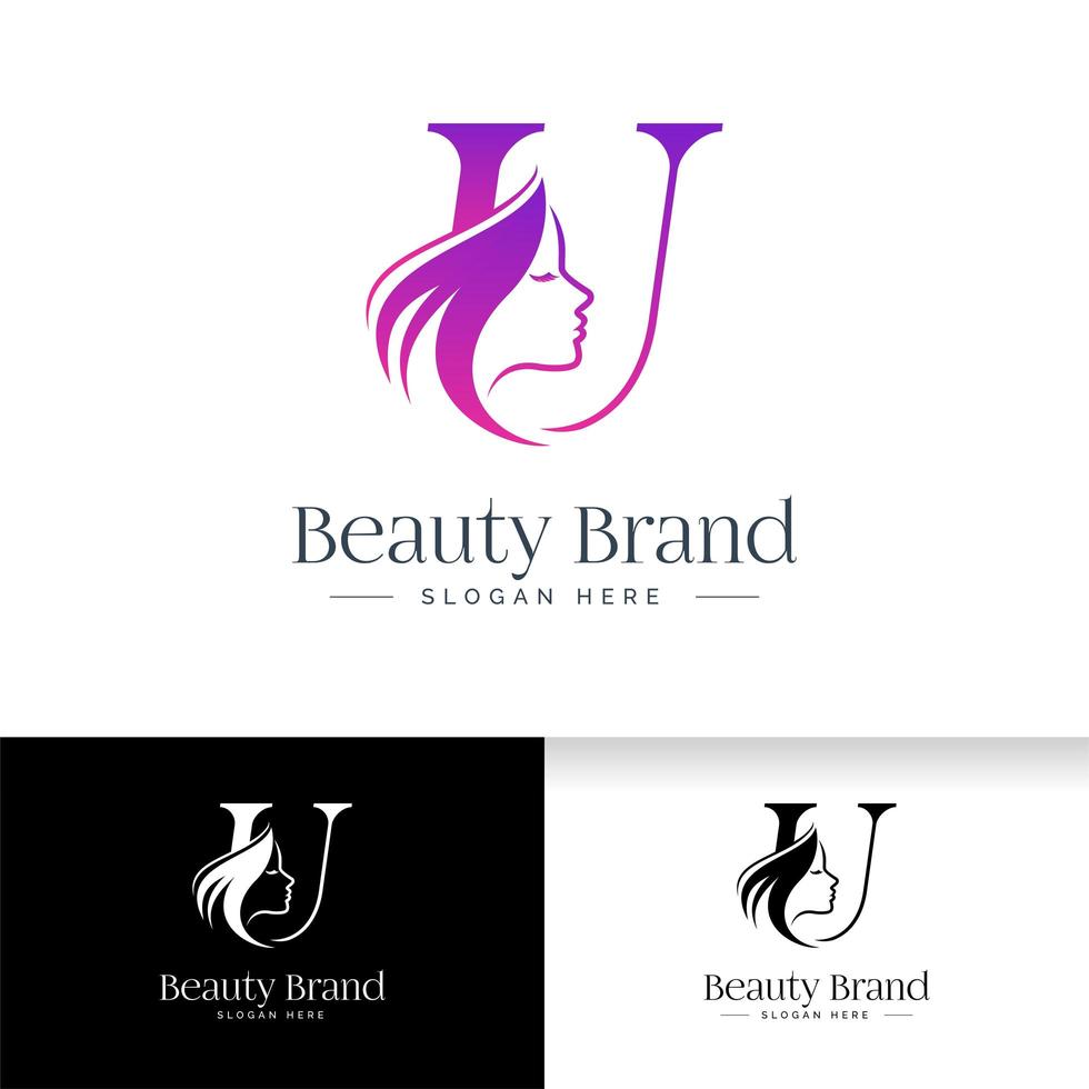 Letra u diseño de logotipo de belleza. silueta mujer cara vector