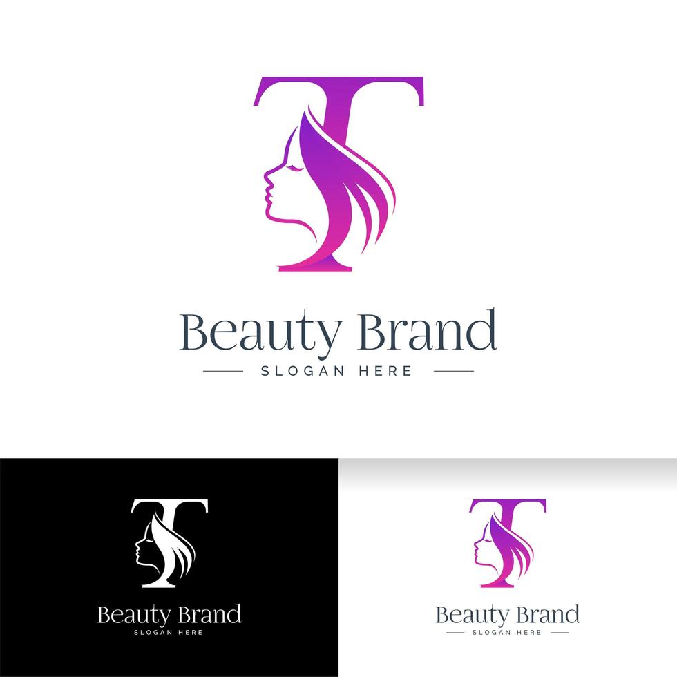 Letter T beauty logo design. Woman face silhouette vector