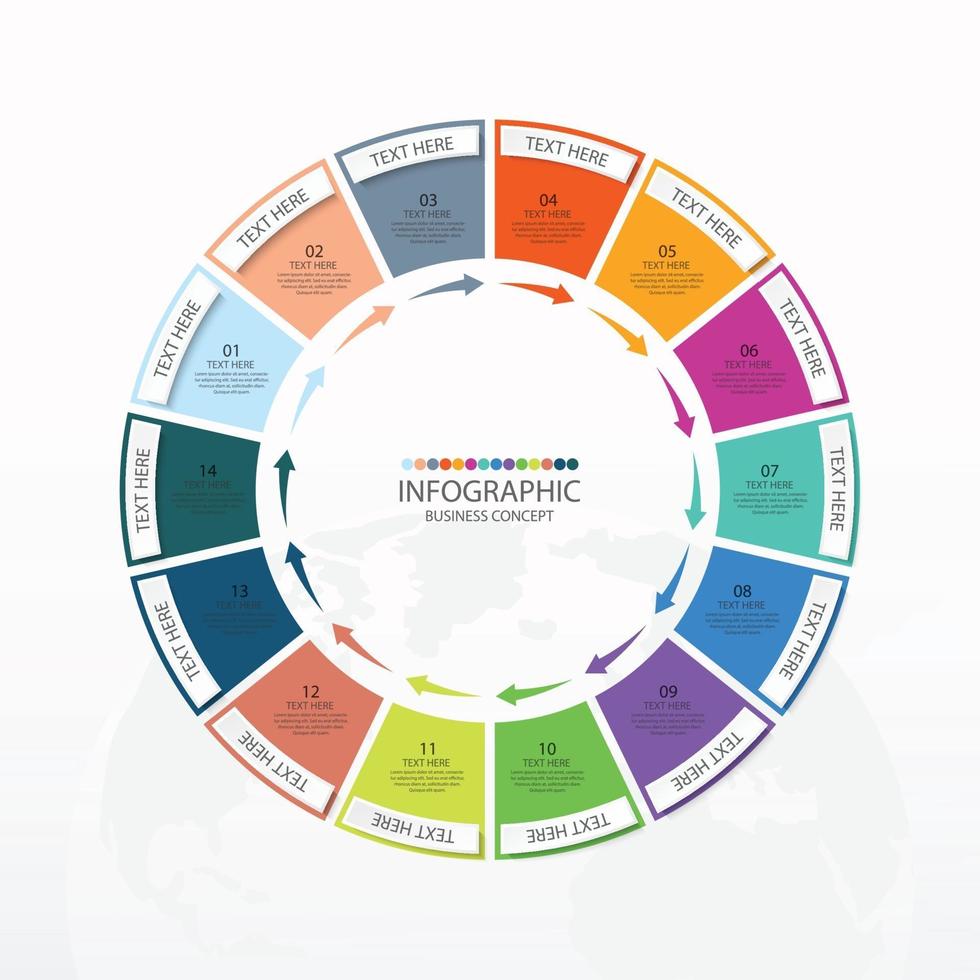 Plantilla de infografía de círculo básico con 14 pasos. vector