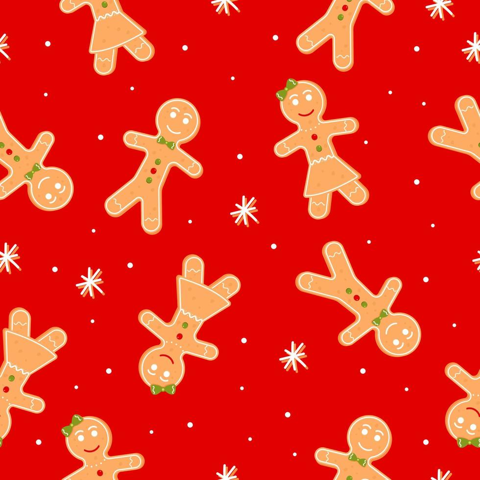 Seamless pattern with gingerbread man, girl and snowflake, Christmas cookie. Cartoon vector illustration on red background