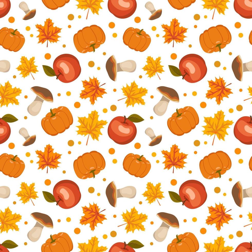 Seamless pattern with mushrooms, pumpkins, apples and maple leaves vector