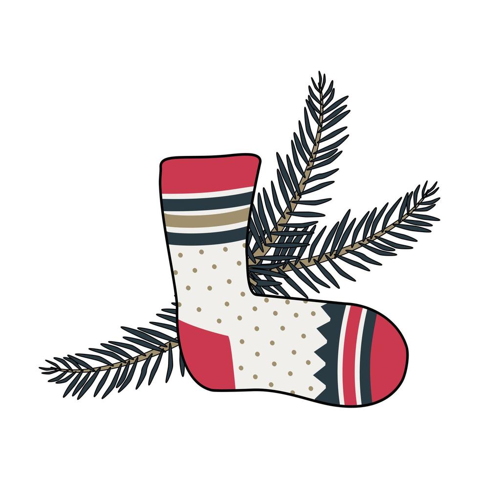 New Year sock with patterns and a Christmas tree branch vector