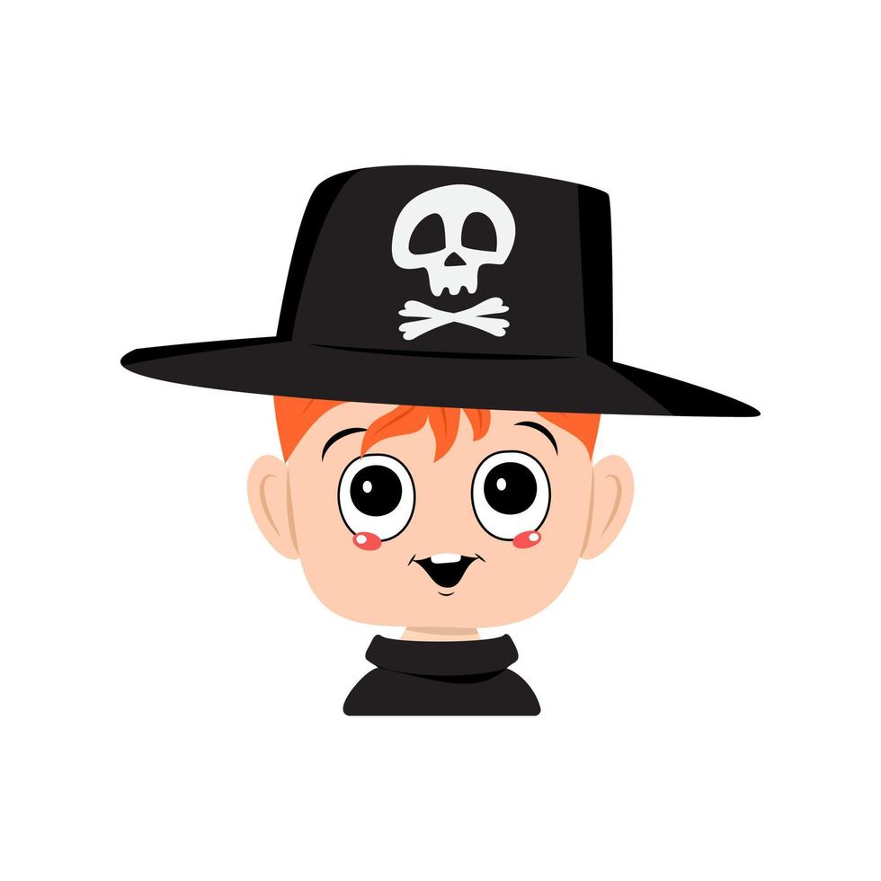 boy with red hair, happy smile in halloween hat with a skull vector