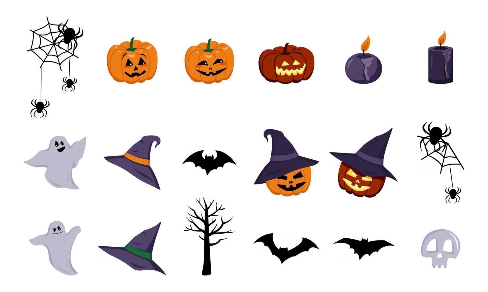 Festive elements for halloween. Lanterns of pumpkins with faces and hats, ghosts with grins, black bat and spider weaving cobweb, burning candles and a skull. Icons for holiday, horror party, birthday vector