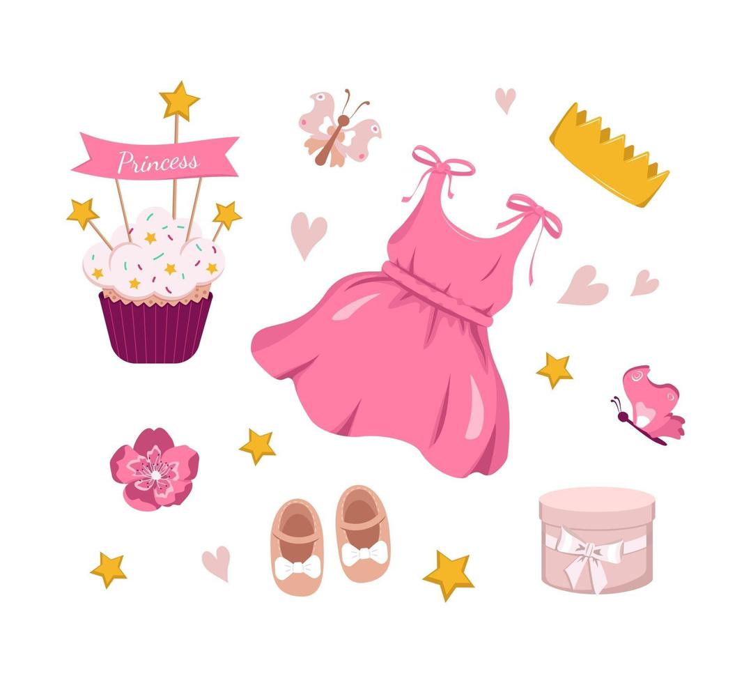 Cute princess set with dress, crown, cupcake and accessories. Holiday decorations for a newborn baby girl in pink. Suitable for postcards, textiles, wrapping paper and design vector