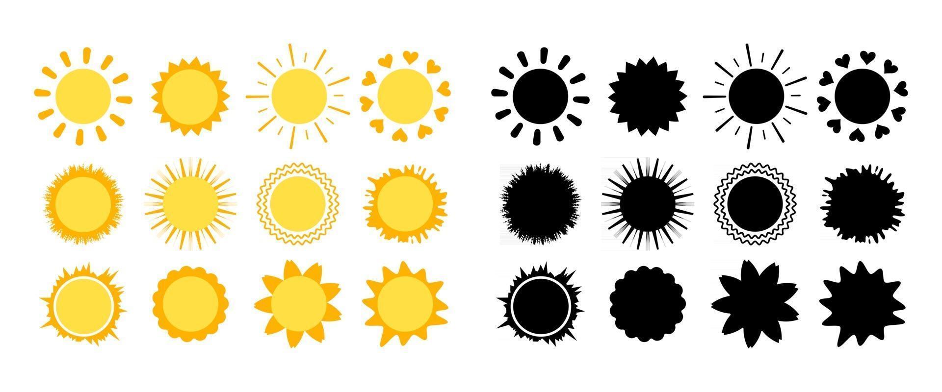 Sun icons set with rays of different shapes and black silhouette isolated on white background. Yellow symbol of spring, summer and weather vector