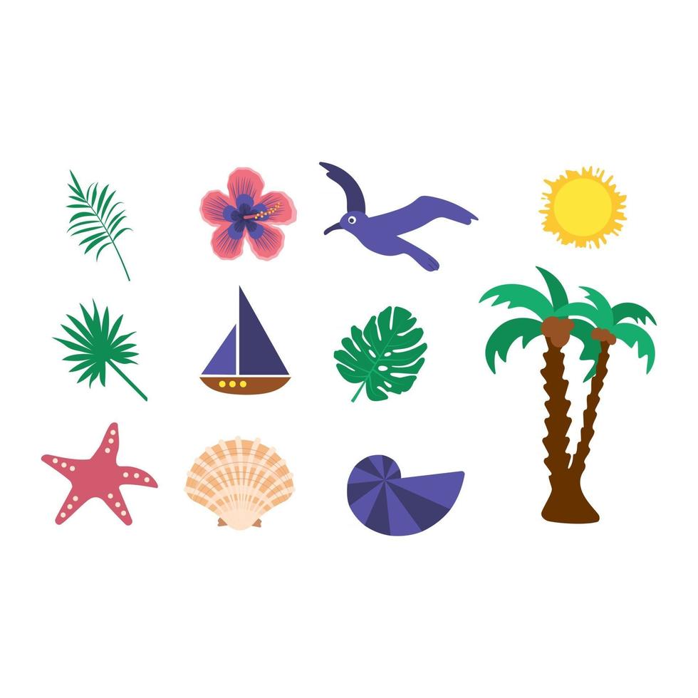 brillante conjunto de artículos de verano. iconos de playa, vacaciones y viajes. elementos marinos decorativos, hojas tropicales, conchas marinas y flores vector