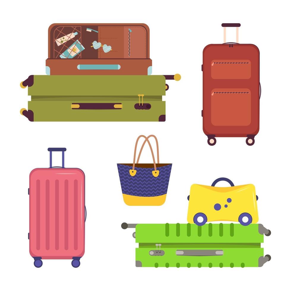 Set of suitcases for vacation and travel. Summer items for the tourist. Different luggage icons vector