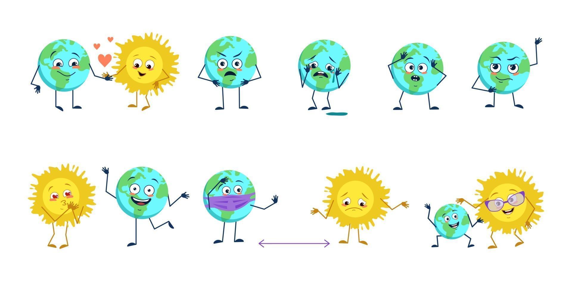 Set of cute character of the planet Earth and the sun with different emotions. Funny or sad space heroes play, fall in love, keep their distance in a mask, with heart or tear vector