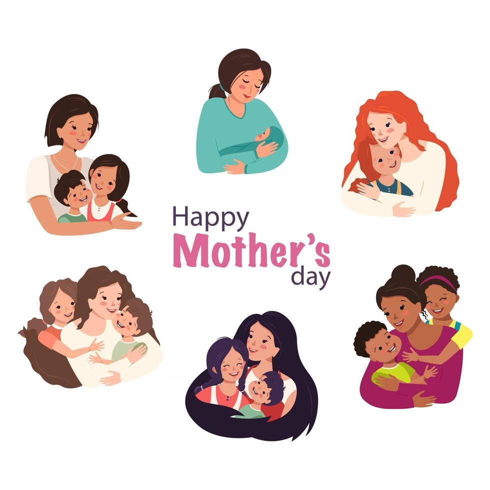 Mom hugs the child. Happy mother day. Woman and baby. Family care and love. Cheerful people of different nationalities, with different skin and hair colours. Parent, boy and girl vector