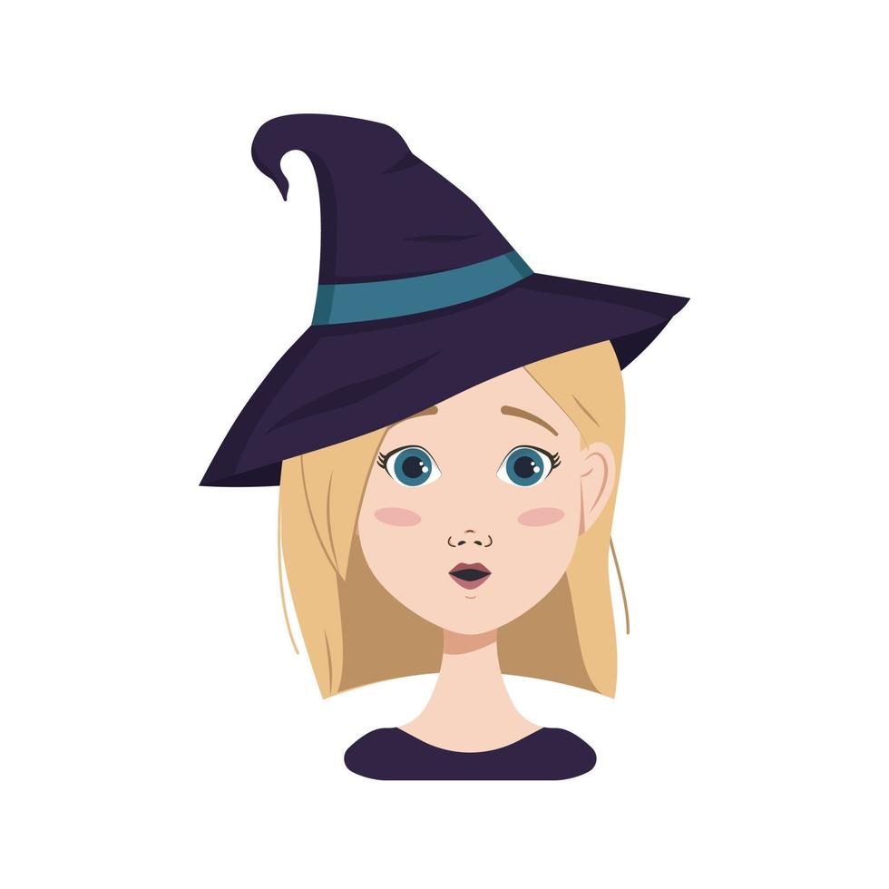 avatar de una mujer con cabello rubio y ojos azules, emociones sorpresa, rostro abierto y boca redonda con sombrero de bruja. niña en disfraz de halloween vector