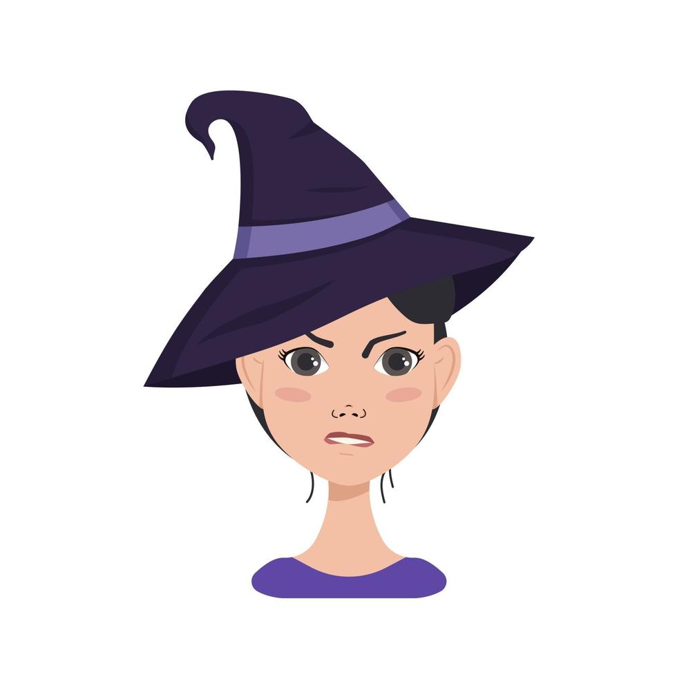 Avatar of asian woman with dark hair, angry emotions, furious face and pursed lips, wearing a witch hat. Halloween character in costume vector