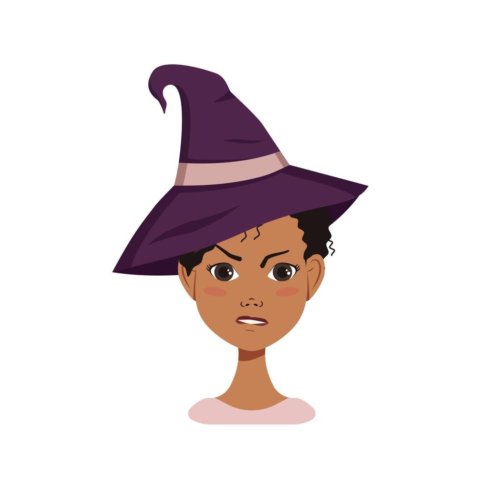 Avatar mujer afroamericana con cabello negro y rizado, emociones enojadas, rostro furioso y labios fruncidos, con un sombrero de bruja. personaje de halloween disfrazado vector