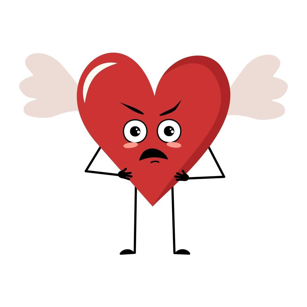 Cute character red heart with wings and angry emotions, face, arms and legs. The funny or grumpy festive decoration for valentine day and holiday vector