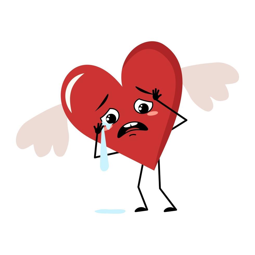 Cute character red heart with wings and crying and tears emotions, sad face, arms and legs. Festive decoration for valentine day with eyes vector