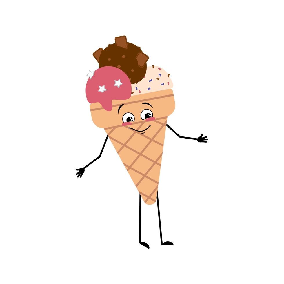 Cute ice cream character with joyful emotions, smile face, happy eyes, arms and legs. A funny happy waffle cup, joyful sweet food, cold dessert vector