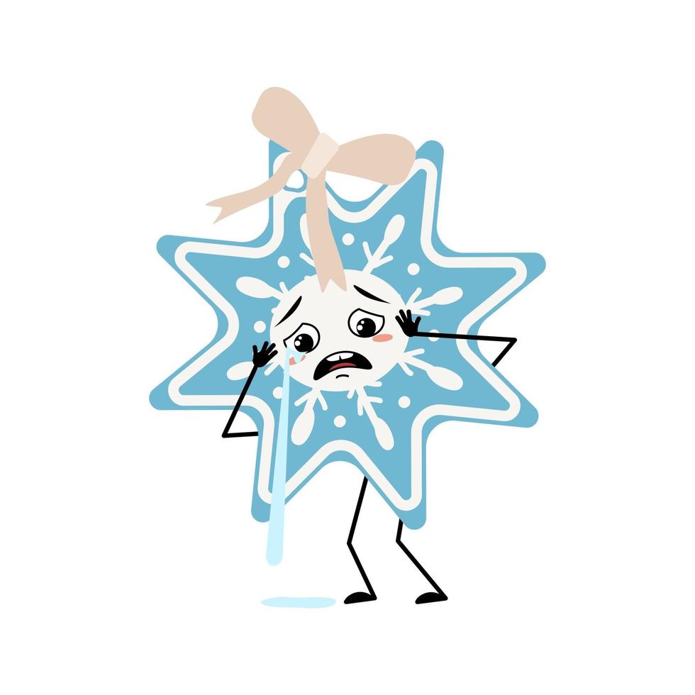 Cute Christmas snowflake with crying and tears emotion, sad face, depressive eyes, arms and legs. Joyful New Year festive decoration with with depression expression vector