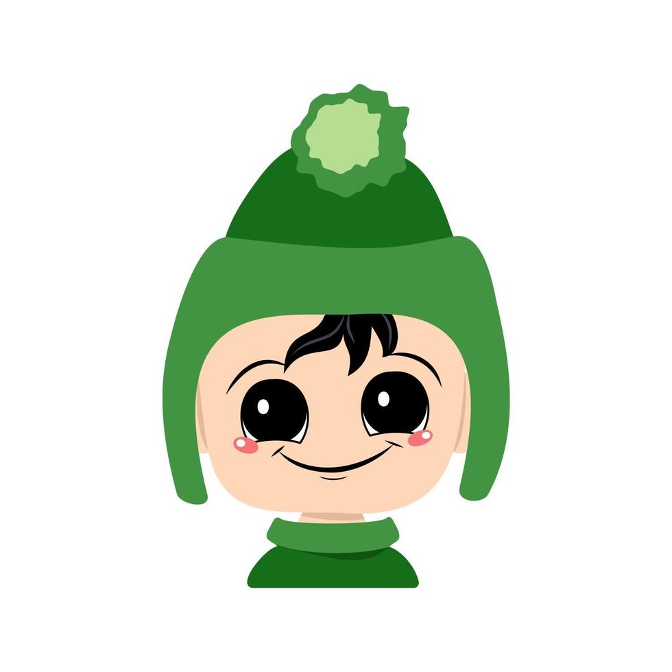 Head of adorable baby with happy emotions. Avatar of a child with big eyes and a wide smile in a green hat with a pompom. A cute kid with a joyful face in an autumnal or winter headdress vector