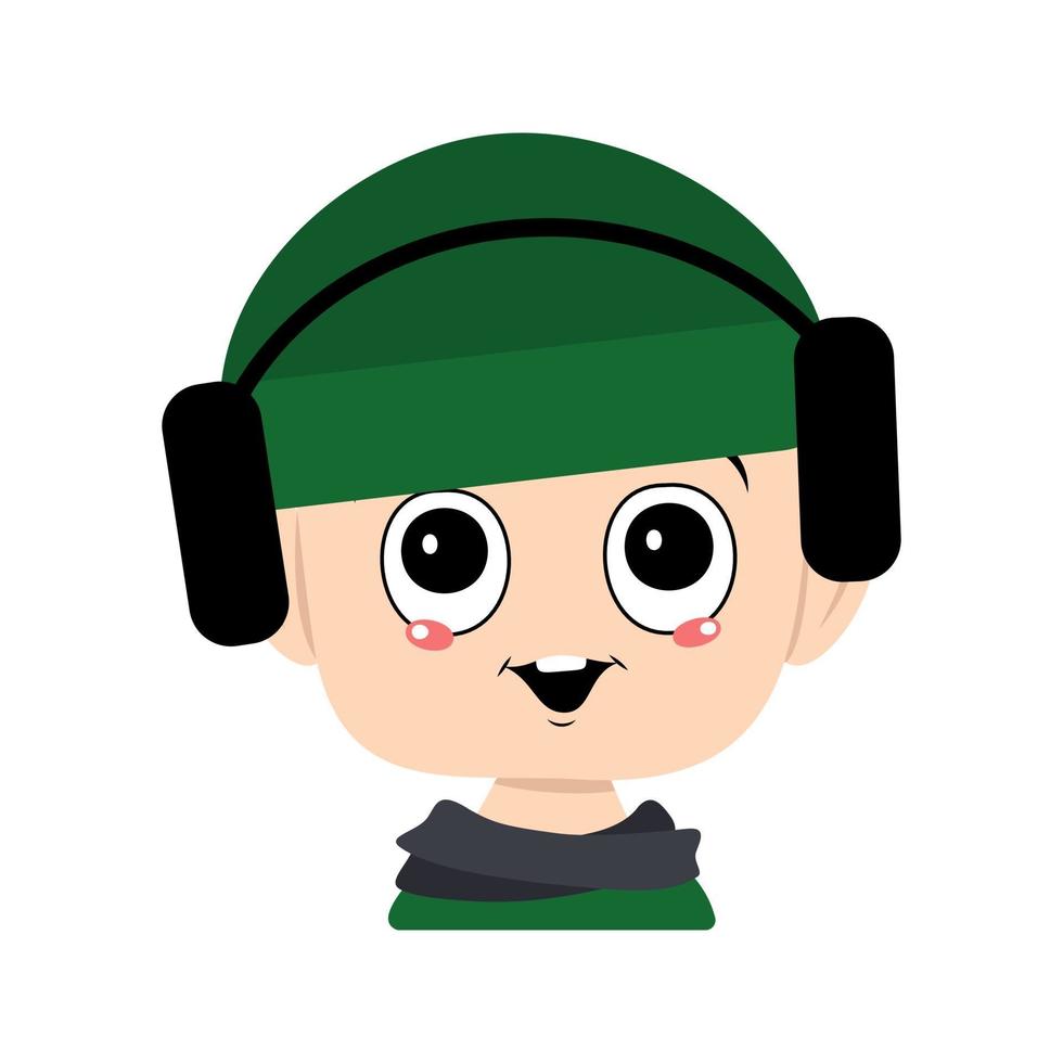 Avatar of a child with big eyes and a wide smile in a green hat with headphones. A cute kid with a joyful face in an autumnal or winter headdress and scarf. Head of adorable baby with happy emotions vector