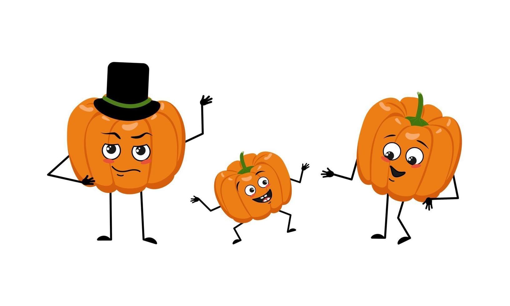 familia de lindos personajes de calabaza con emociones felices. mamá, papá y el niño están bailando. vegetal alegre para la fiesta de halloween. decoración festiva de otoño para octubre. vector