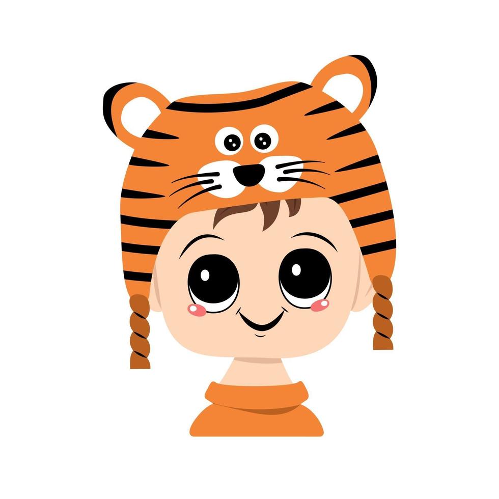 Avatar of a child with big eyes and a wide smile in a tiger hat. Cute kid with a joyful face in a festive costume for new year and Christmas. Head of adorable baby with happy emotions vector