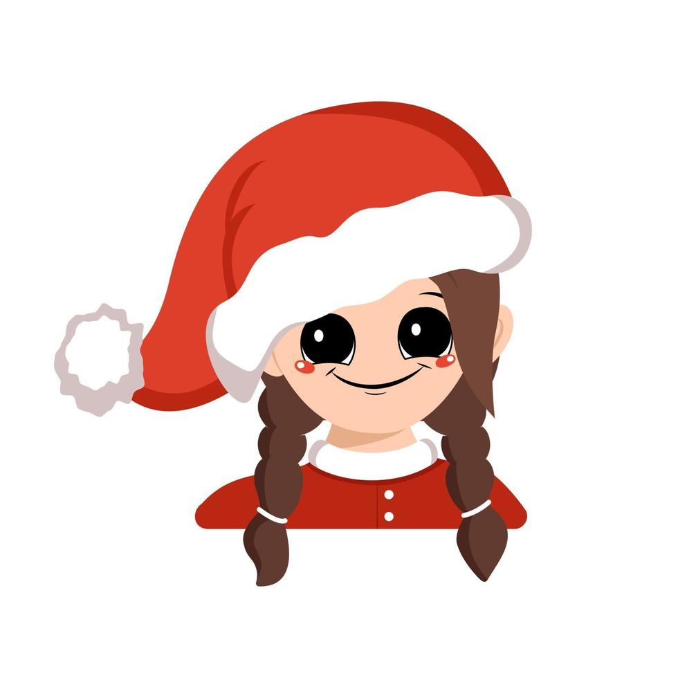 Avatar of a girl with big eyes and a wide happy smile in a red Santa hat. Cute kid with a joyful face in a festive costume for New Year and Christmas. Head of adorable child with joyful emotions vector