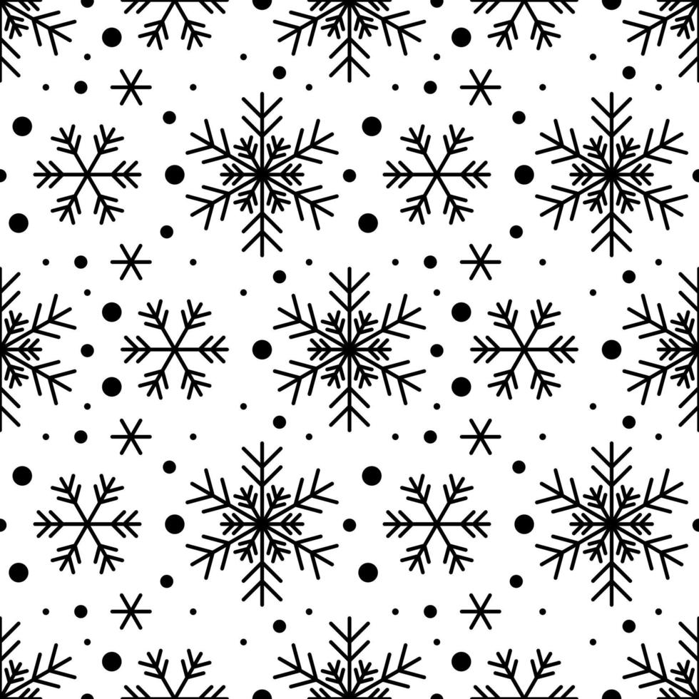 Seamless pattern with black snowflakes on white background. Festive winter traditional decoration for New Year, Christmas, holidays and design. Ornament of simple line repeat snow flake vector