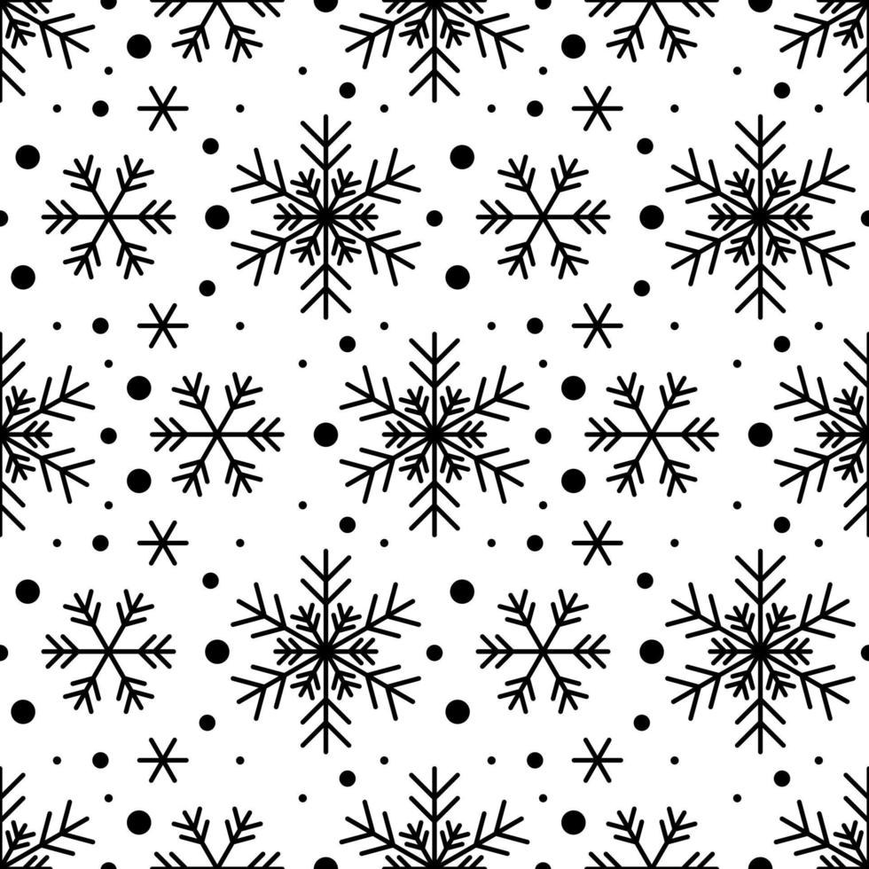 patrón transparente con copos de nieve negros sobre fondo blanco. decoración tradicional de invierno festivo para año nuevo, navidad, vacaciones y diseño. ornamento de línea simple repetir copo de nieve vector