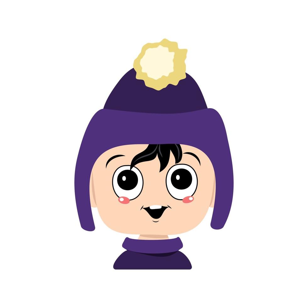 Head of adorable baby with happy emotions. Avatar of a child with big eyes and a wide smile in a violet hat with a pompom. A cute kid with a joyful face in an autumnal or winter headdress vector