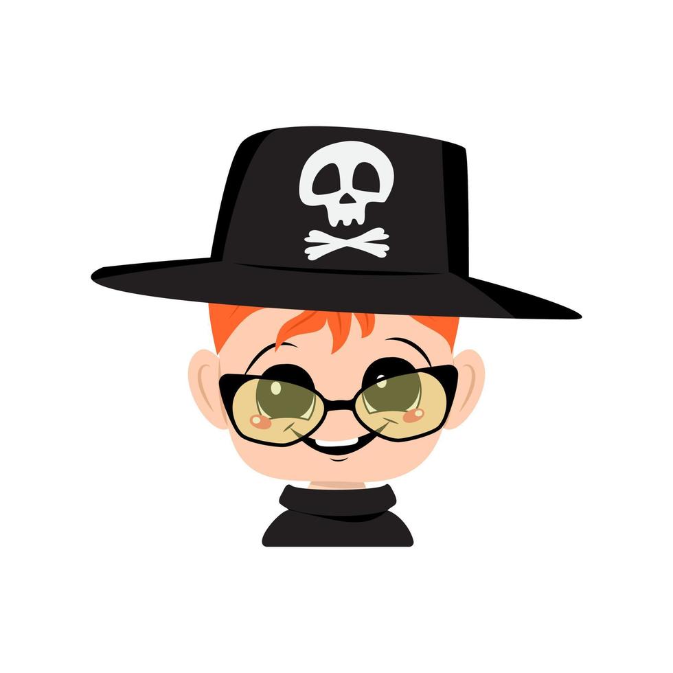 avatar de un niño con cabello rojo, ojos grandes y una amplia sonrisa feliz con un sombrero con una calavera. la cabeza de un niño con rostro alegre. decoración de fiesta de halloween vector