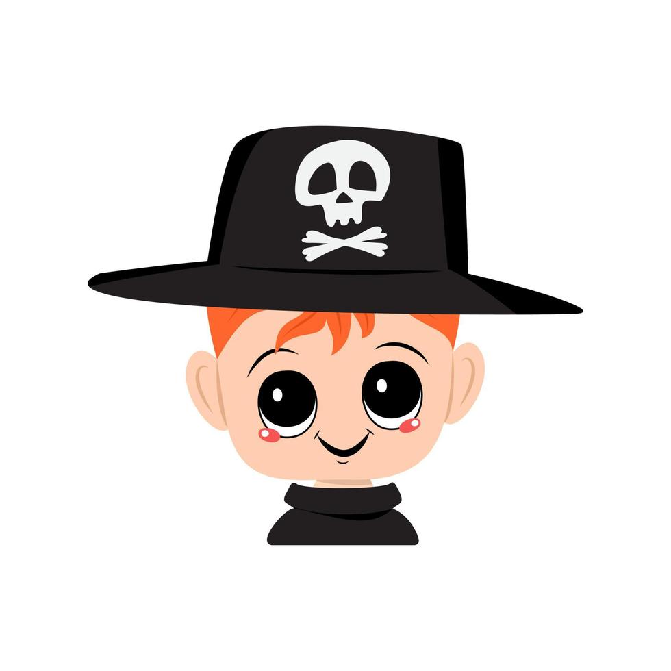 avatar de un niño con cabello rojo, ojos grandes y una amplia sonrisa feliz con un sombrero con una calavera. la cabeza de un niño con rostro alegre. decoración de fiesta de halloween vector