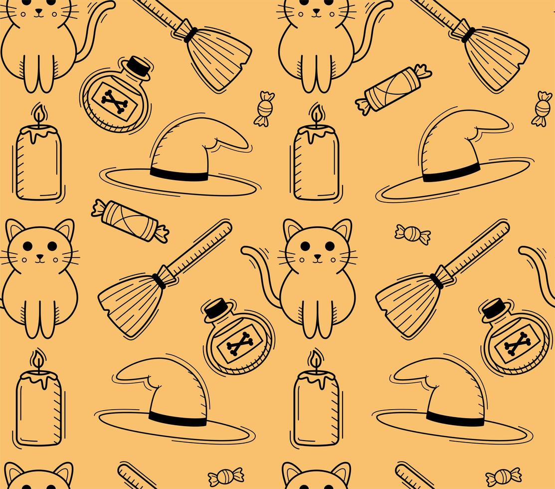 halloween seamles pattern with cat, broom and hat vector