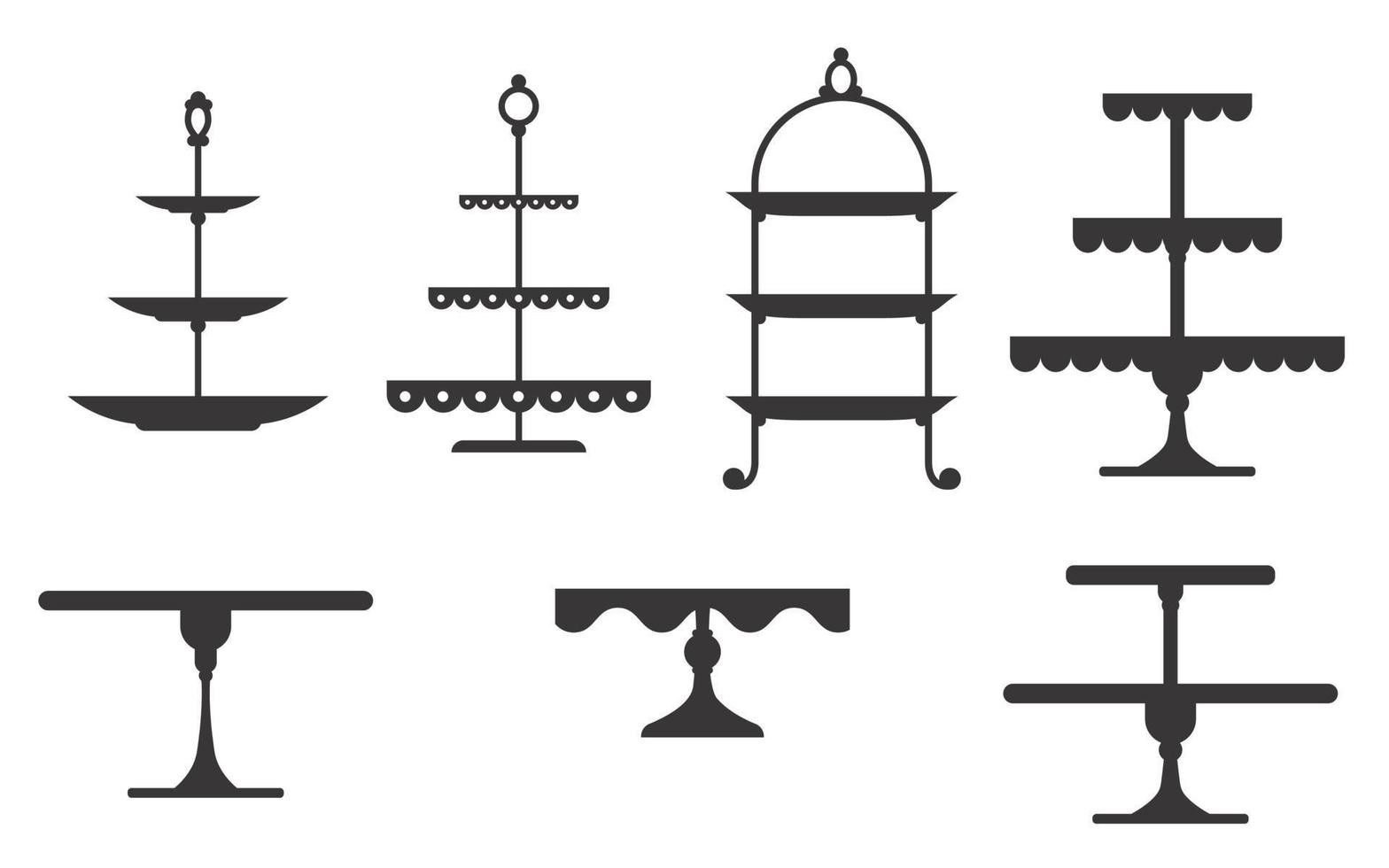 conjunto de soportes para pasteles en estilo de icono plano. bandejas para fruta y postre vector