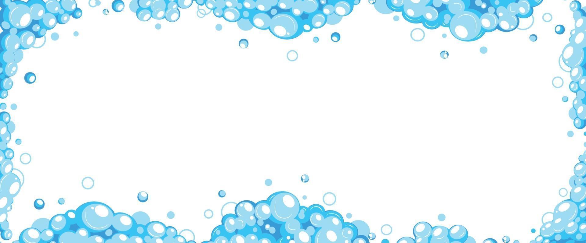 Soap foam with bubbles. Frame of cartoon shampoo and soap foam suds vector