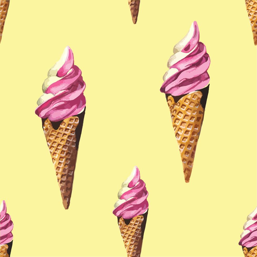 Strawberry soft serve ice cream watercolor seamless, Yellow background vector