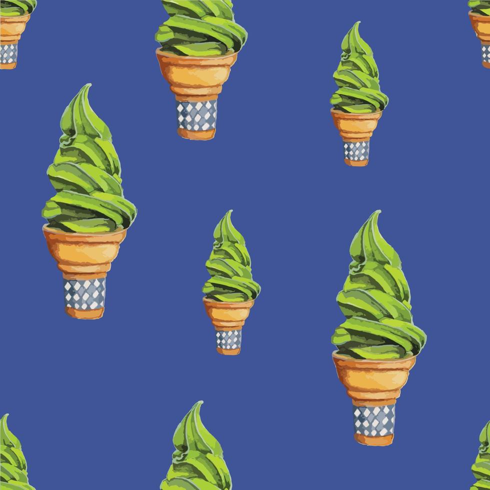 Matcha Green Tea Soft Serve Ice Cream, Blue Background vector